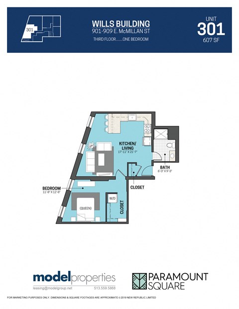 Floor plan for 1 bed, 1 bath, 607 sqft